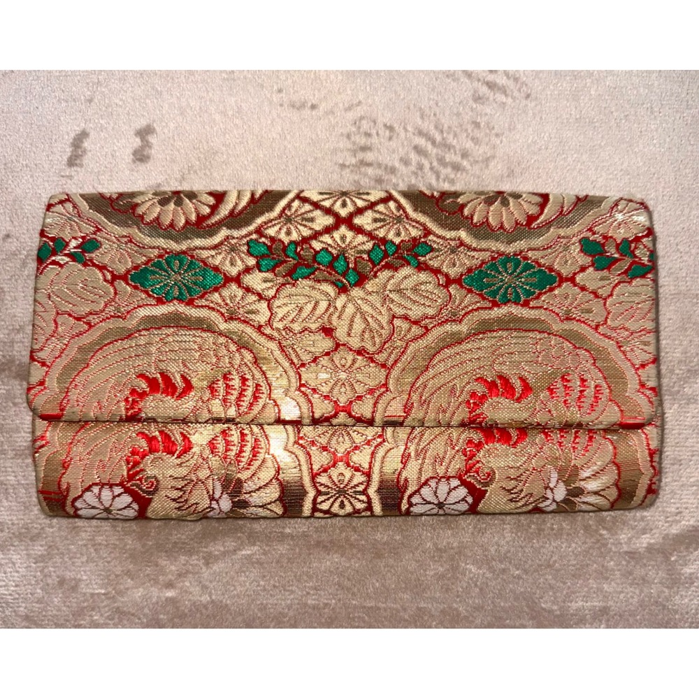 Vintage Japanese woven silk Brocade Clutch Bag Gold Red Floral Evening Purse
